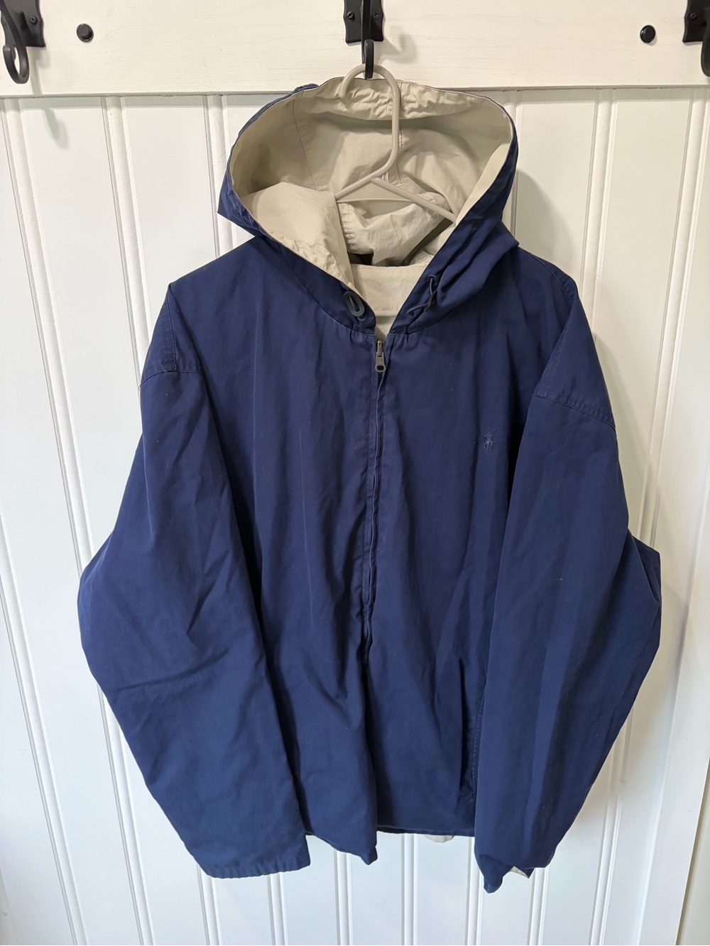 Vintage 90s Polo Ralph Lauren Reversible Hooded Jacket XXL Navy Blue Beige